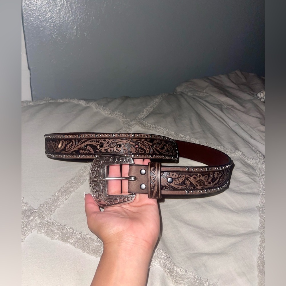 Ariat Women’s Dark Brown with Floral Tooling and Studs Trim Belt